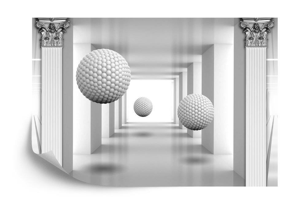 3D Fototapet: Sølv Tunnel med Kugle og Søjler